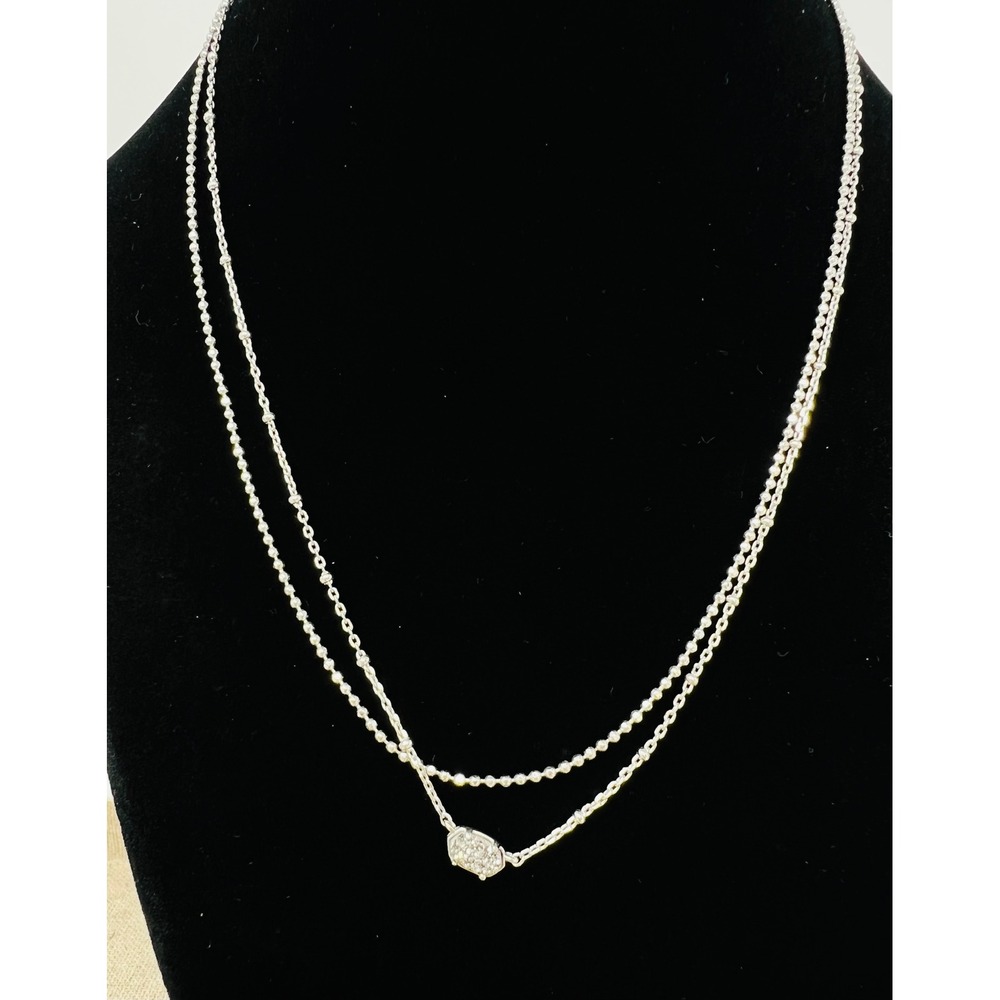 Kendra Scott Elisa Double Strand Necklace Rhodium Silver Black Drusy Layered - Picture 3 of 10